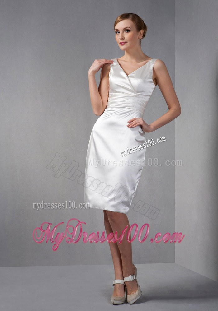 White Column V-neck Knee-length Ruched Hand Made Flowers Mother of the Bride Dress