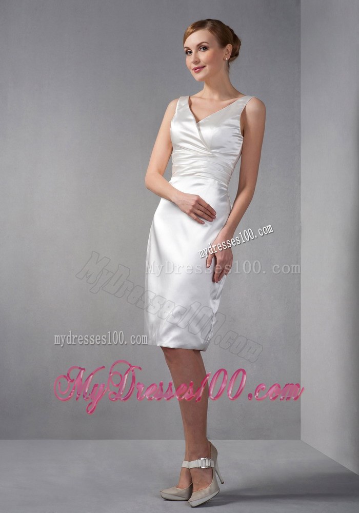 White Column V-neck Knee-length Ruched Hand Made Flowers Mother of the Bride Dress