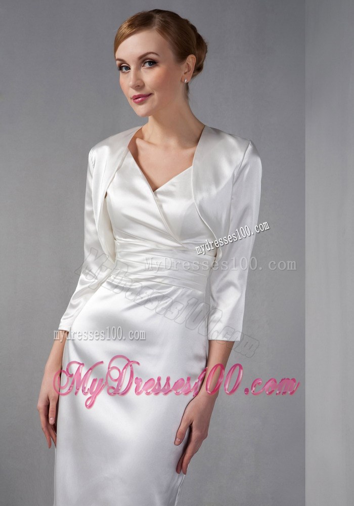 White Column V-neck Knee-length Ruched Hand Made Flowers Mother of the Bride Dress