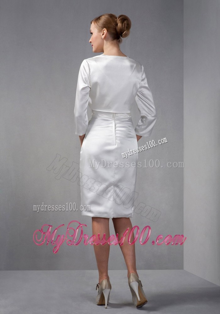 White Column V-neck Knee-length Ruched Hand Made Flowers Mother of the Bride Dress