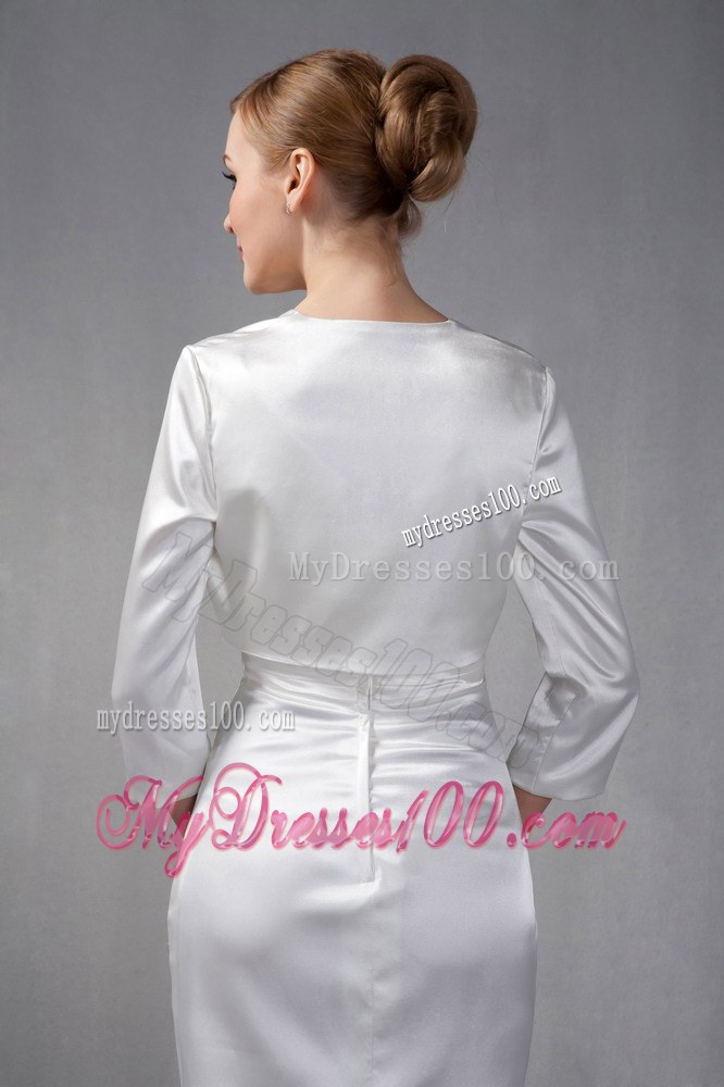 White Column V-neck Knee-length Ruched Hand Made Flowers Mother of the Bride Dress