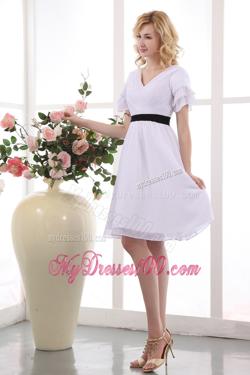 White V-neck Short Sleeves Mini-length Ruched Wedding Guest Dress with Black Sash