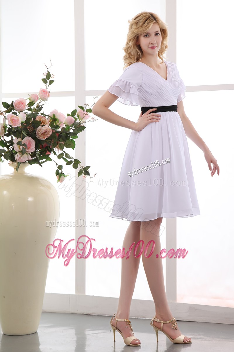White V-neck Short Sleeves Mini-length Ruched Wedding Guest Dress with Black Sash