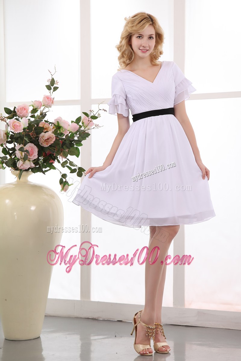 White V-neck Short Sleeves Mini-length Ruched Wedding Guest Dress with Black Sash