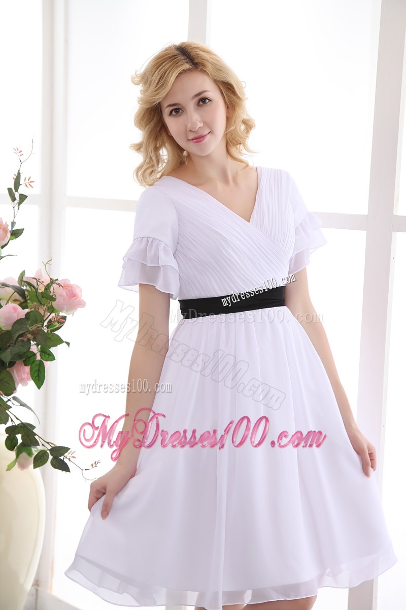 White V-neck Short Sleeves Mini-length Ruched Wedding Guest Dress with Black Sash