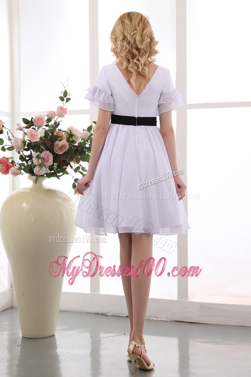 White V-neck Short Sleeves Mini-length Ruched Wedding Guest Dress with Black Sash
