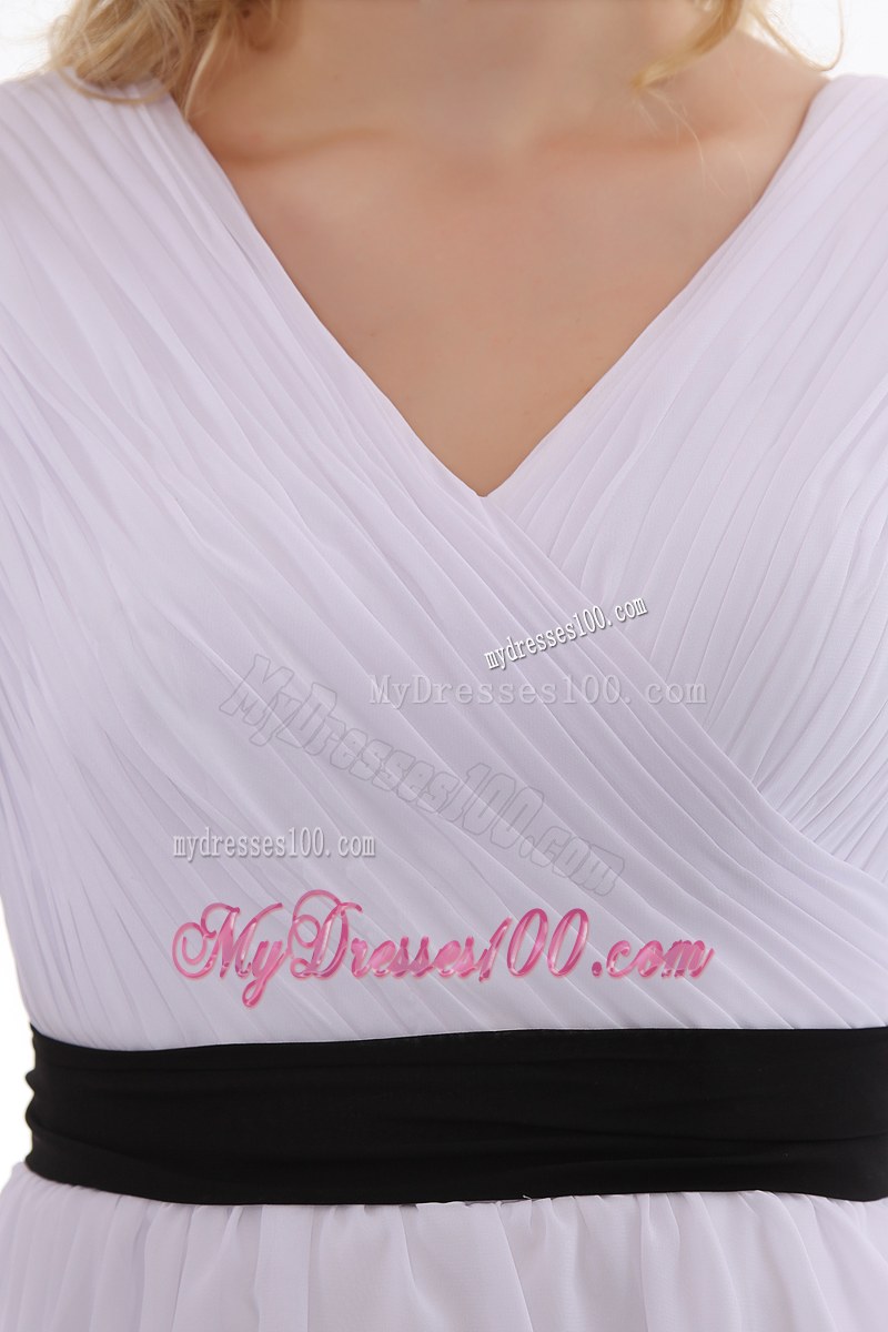 White V-neck Short Sleeves Mini-length Ruched Wedding Guest Dress with Black Sash