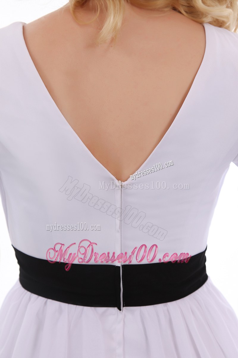 White V-neck Short Sleeves Mini-length Ruched Wedding Guest Dress with Black Sash