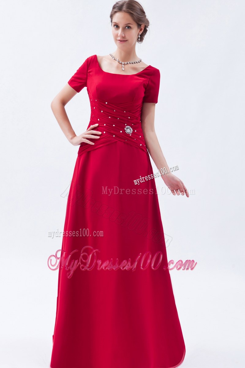 Elegant Wine Red Empire Scoop Short Sleeves Wedding Guest Dress Beading Floor-length