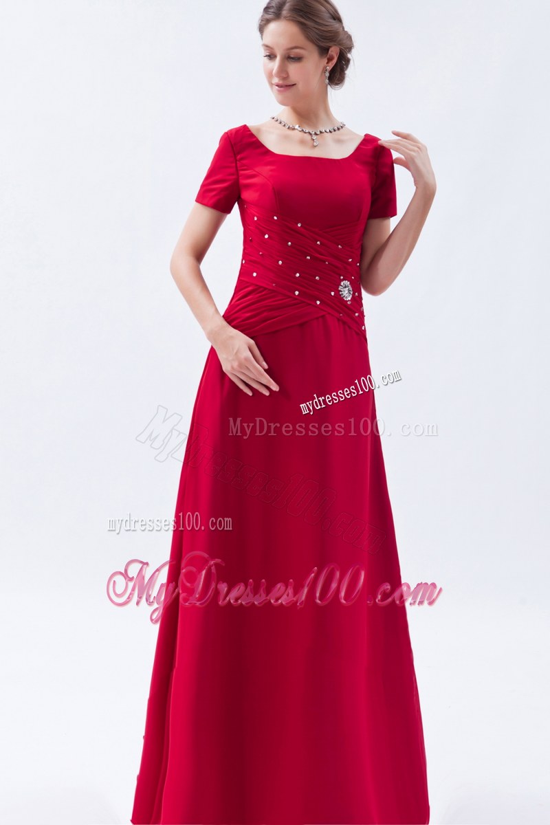 Elegant Wine Red Empire Scoop Short Sleeves Wedding Guest Dress Beading Floor-length