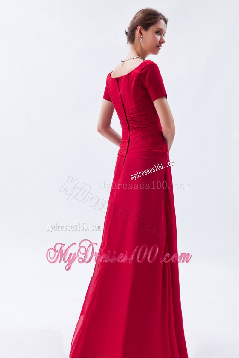 Elegant Wine Red Empire Scoop Short Sleeves Wedding Guest Dress Beading Floor-length