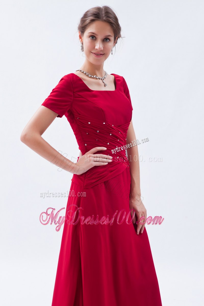 Elegant Wine Red Empire Scoop Short Sleeves Wedding Guest Dress Beading Floor-length