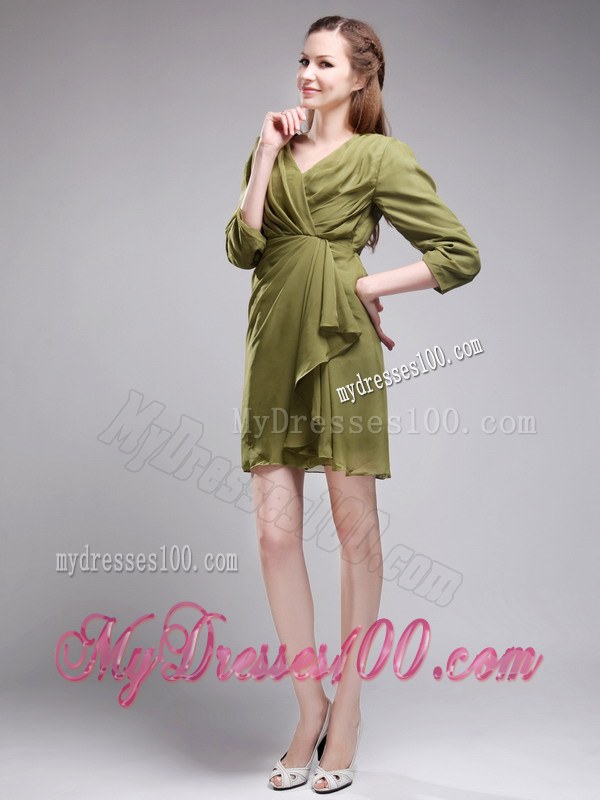 Brand New Column Sheath V-neck Mini-length Olive Green Wedding Guest Dresses