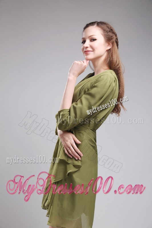 Brand New Column Sheath V-neck Mini-length Olive Green Wedding Guest Dresses