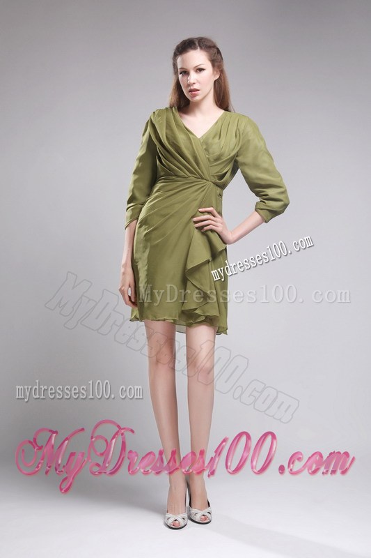 Brand New Column Sheath V-neck Mini-length Olive Green Wedding Guest Dresses