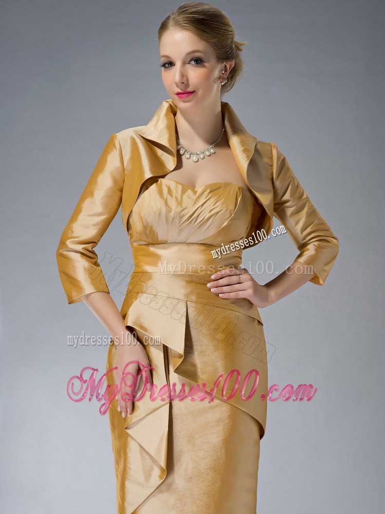 Pretty Yellow Column Sweetheart Knee-length Ruching Mother of the Bride Dress