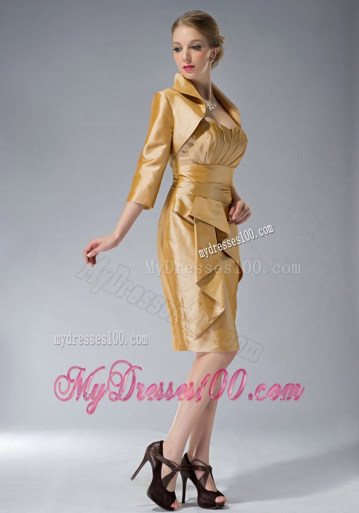 Pretty Yellow Column Sweetheart Knee-length Ruching Mother of the Bride Dress