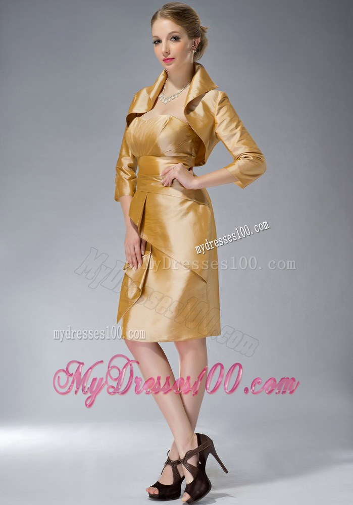 Pretty Yellow Column Sweetheart Knee-length Ruching Mother of the Bride Dress
