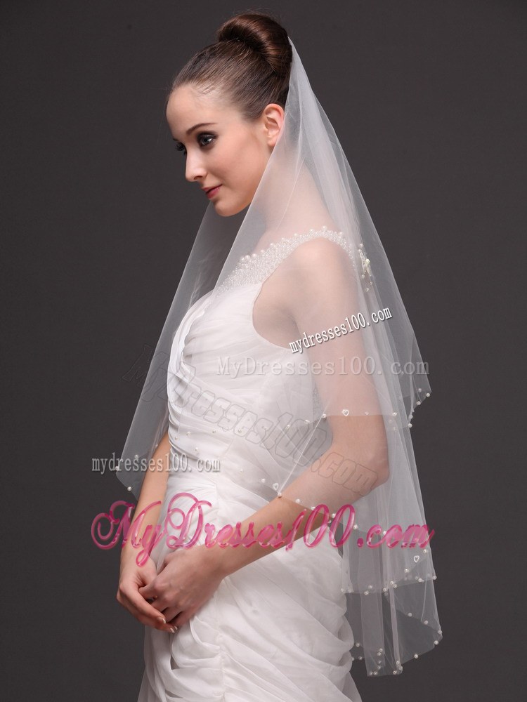 2 Layers Tulle With Pearls Fingertip Veil