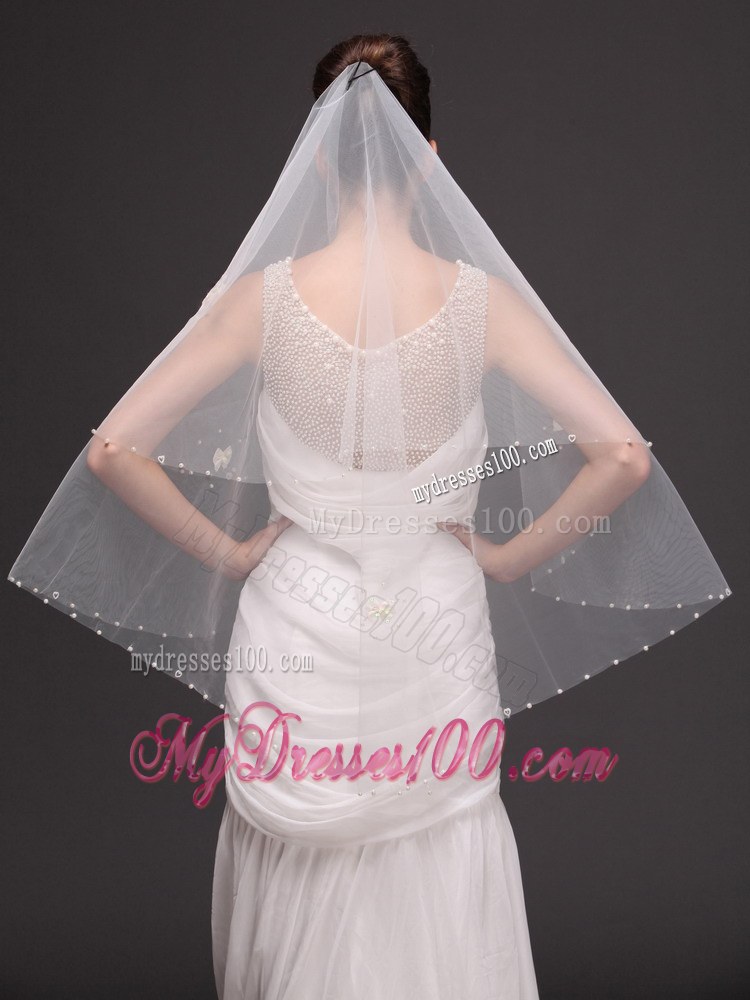 2 Layers Tulle With Pearls Fingertip Veil