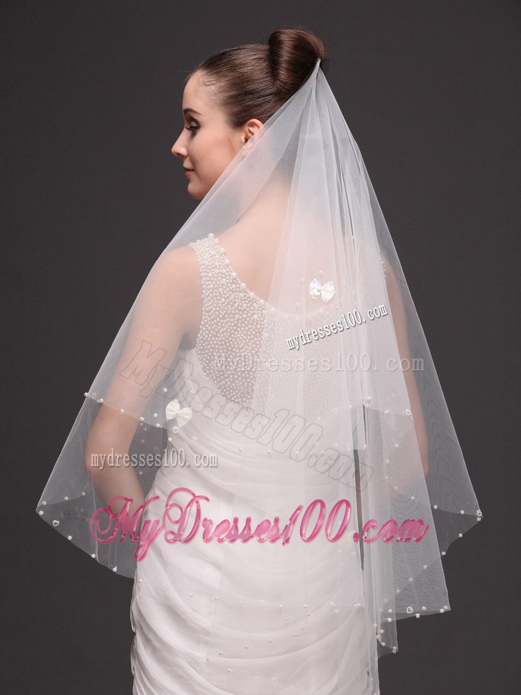 2 Layers Tulle With Pearls Fingertip Veil
