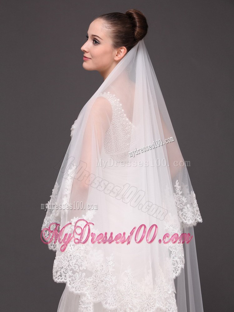 Beautiful Two-tier Cathedral Wedding Veil With Lace Applique Edge