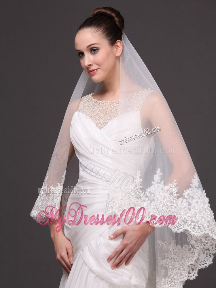 Beautiful Two-tier Cathedral Wedding Veil With Lace Applique Edge