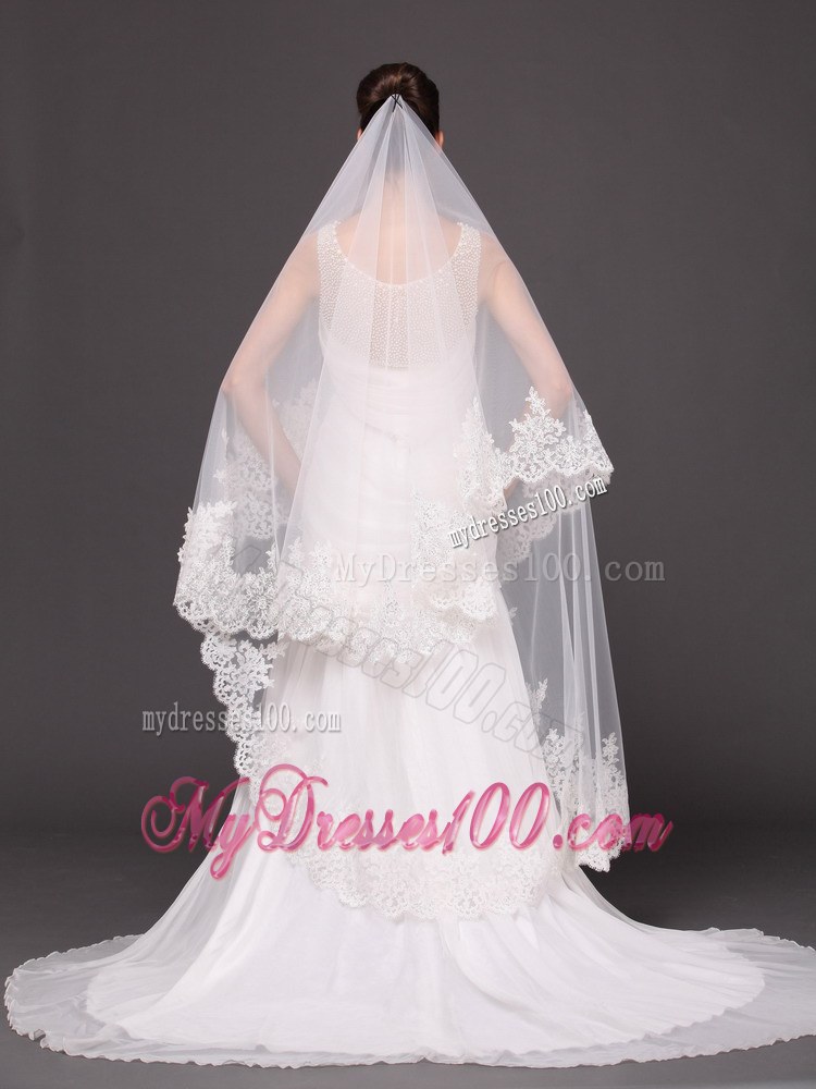Beautiful Two-tier Cathedral Wedding Veil With Lace Applique Edge