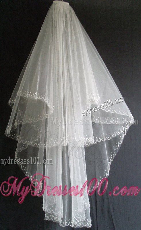 Embroidery and Beading Decorate Tulle Two Layers Wedding Veils