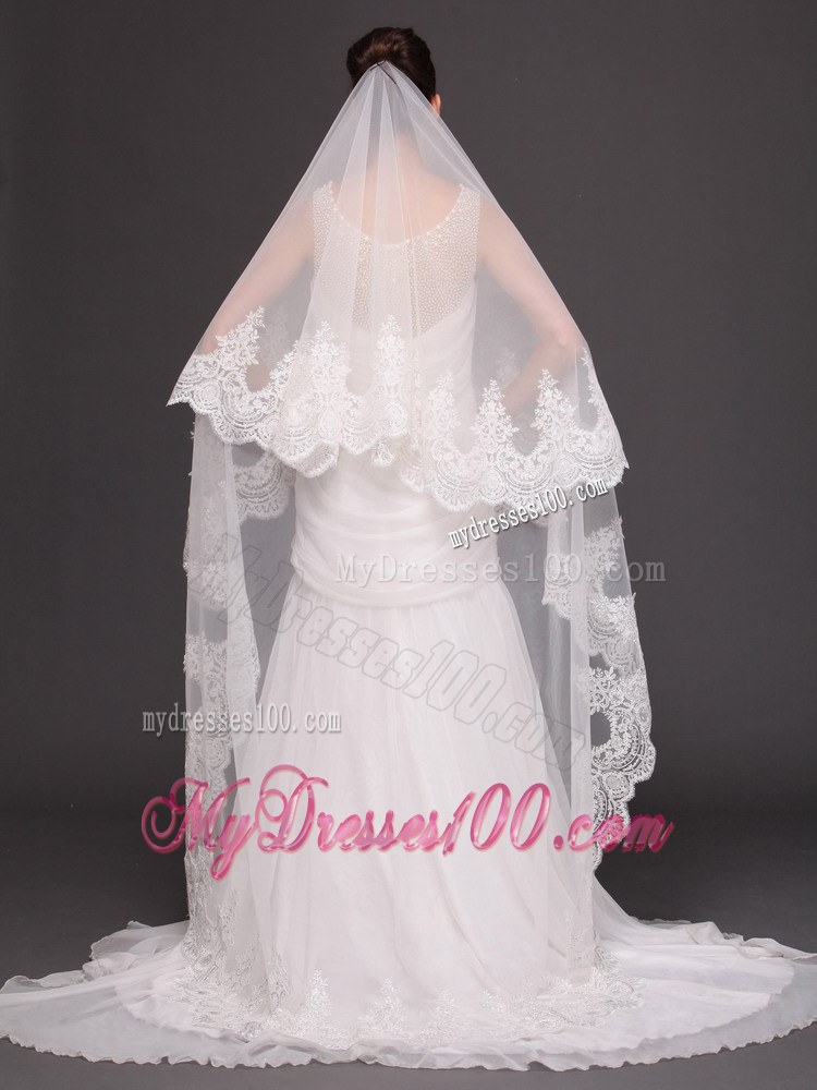 Lace Appliques One-tier Cathedral Tulle Popular Wedding Veil