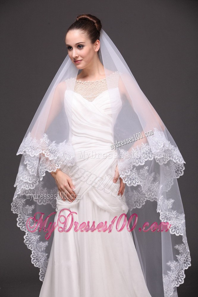 Lace Appliques Two-tier Tulle Drop Veil For Wedding