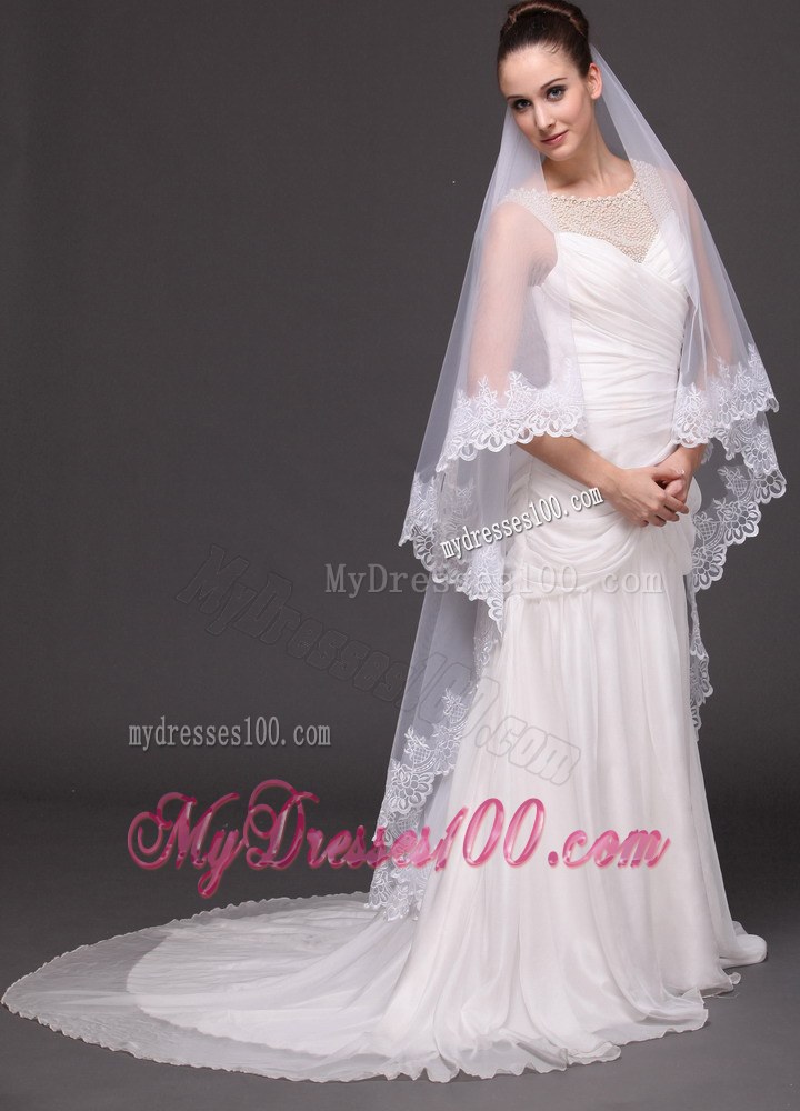 Lace Appliques Two-tier Tulle Drop Veil For Wedding