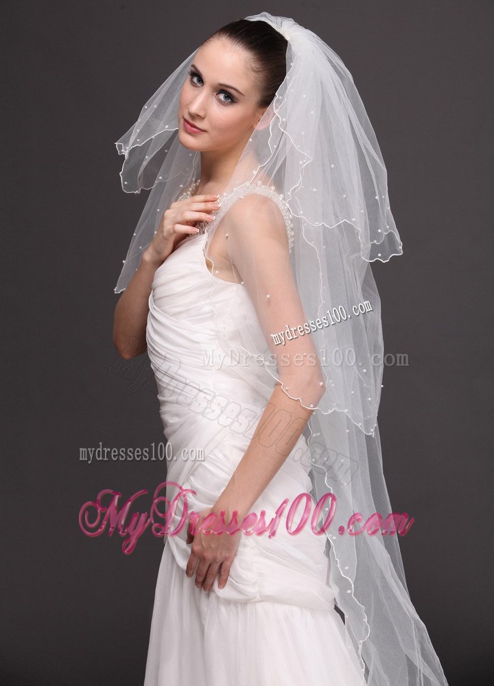 Three-Tier Tulle With Pearls Drop Veil