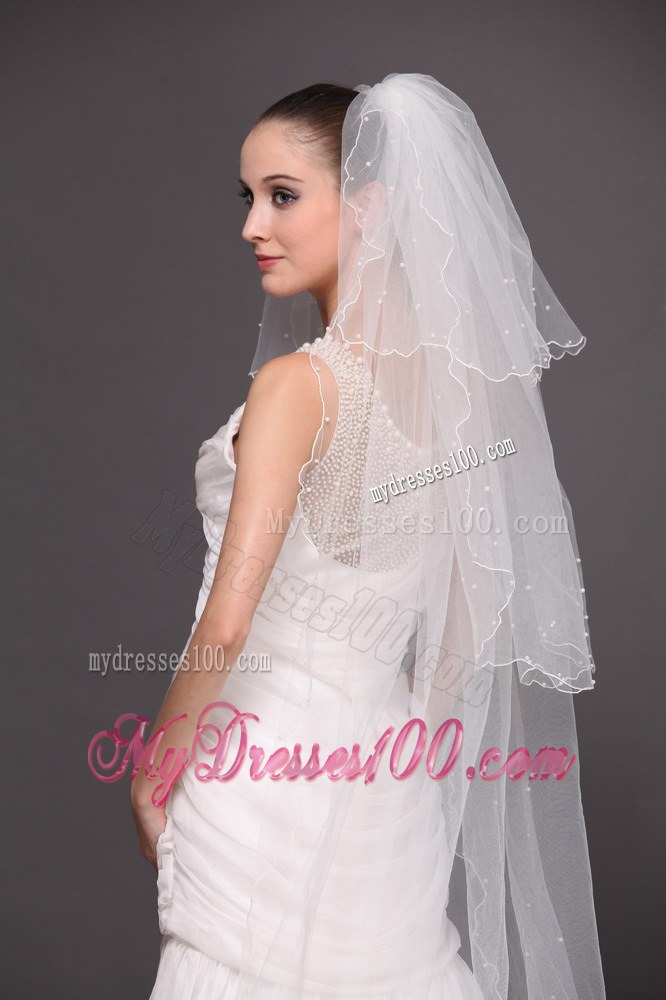Three-Tier Tulle With Pearls Drop Veil