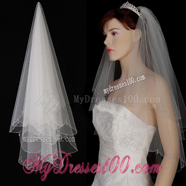 Two Layer Tulle With Pearls Fingertip Veil