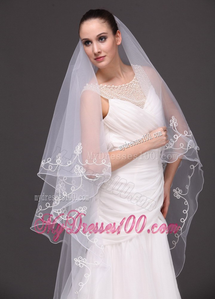 Two-tier Tulle With Pearls Fingertip Veil