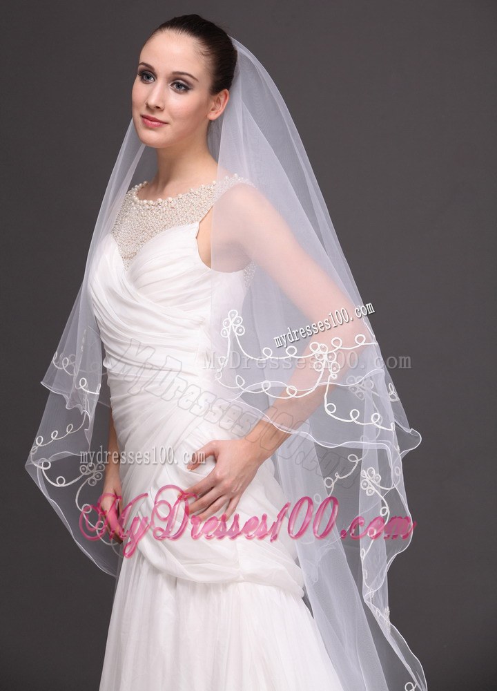 Two-tier Tulle With Pearls Fingertip Veil