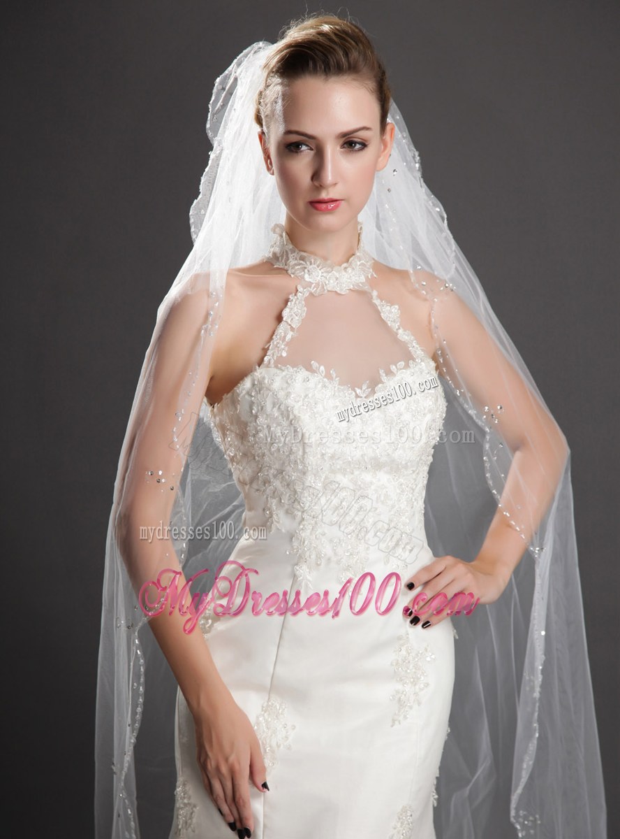 Two-tier Tulle With Pearls Fingertip Veil