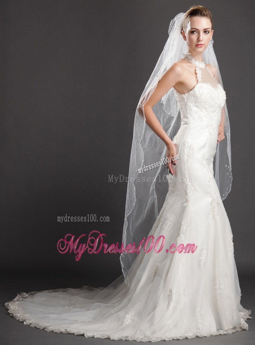 Two-tier Tulle With Pearls Fingertip Veil