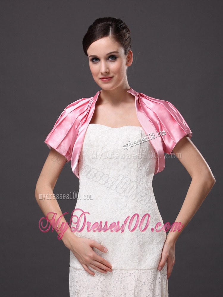 High-neck Satin Rose Pink Short Sleeves Jacket For Other Formal Occasions With Ruch Decorate