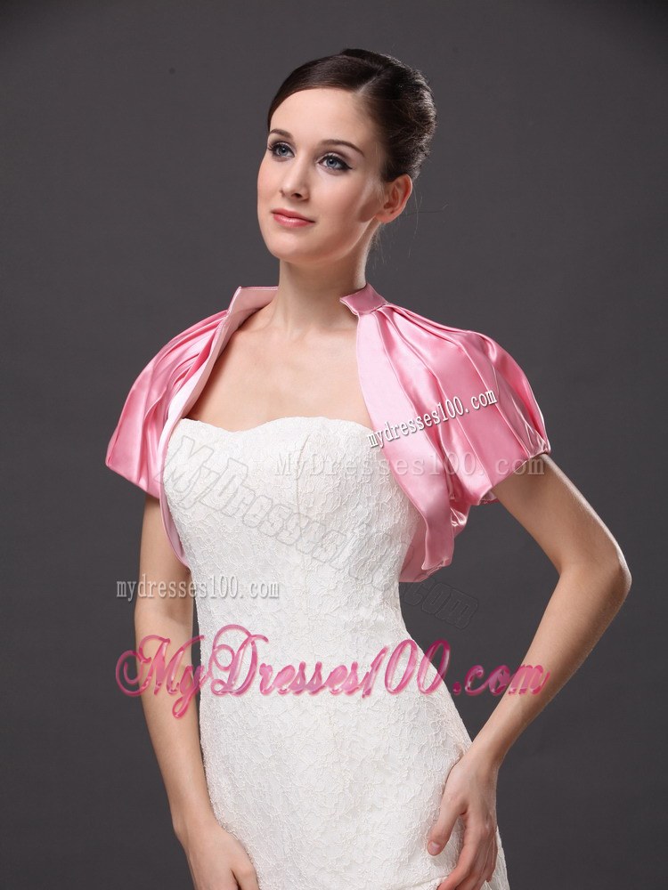 High-neck Satin Rose Pink Short Sleeves Jacket For Other Formal Occasions With Ruch Decorate