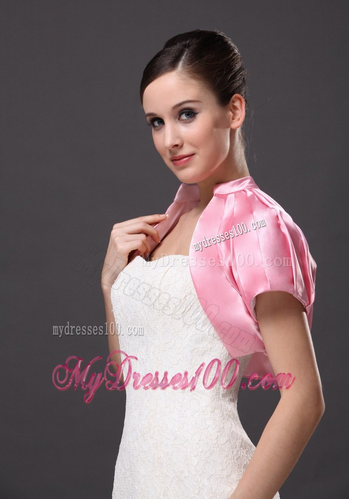 High-neck Satin Rose Pink Short Sleeves Jacket For Other Formal Occasions With Ruch Decorate