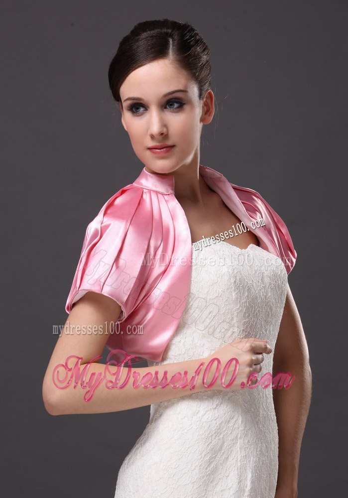 High-neck Satin Rose Pink Short Sleeves Jacket For Other Formal Occasions With Ruch Decorate