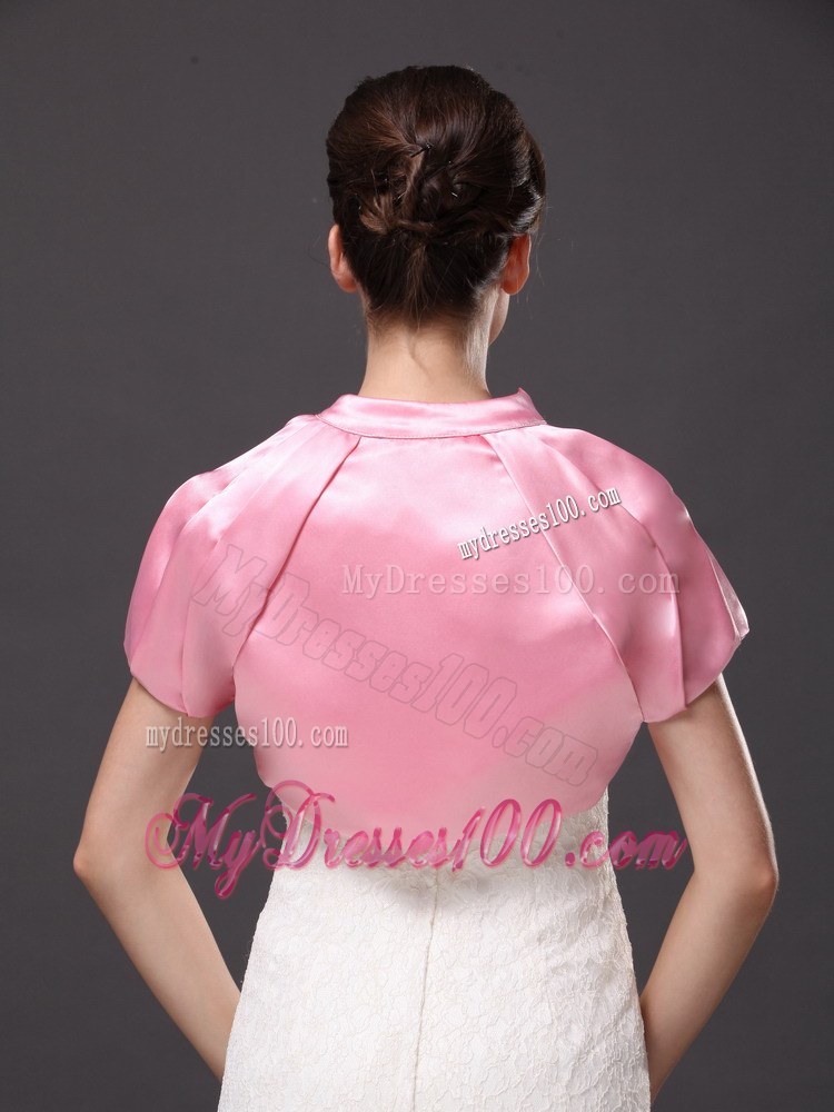High-neck Satin Rose Pink Short Sleeves Jacket For Other Formal Occasions With Ruch Decorate