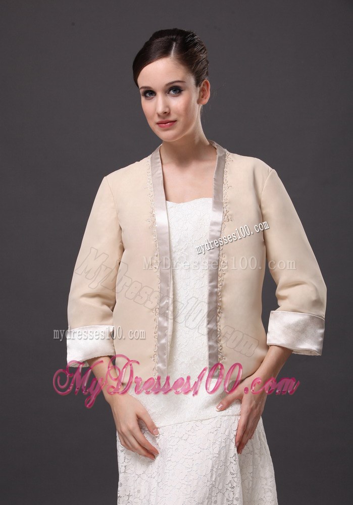 Satin Champagne 3/4 Sleeves Jacket For Other Formal Occasions With Beading Decorate