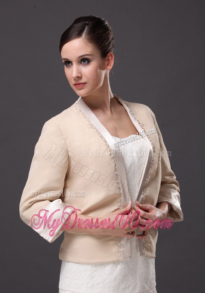 Satin Champagne 3/4 Sleeves Jacket For Other Formal Occasions With Beading Decorate