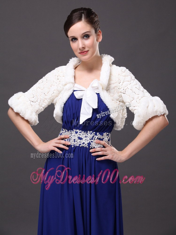 White Faux Fur Bowknot Fold-over Collar Prom Jacket