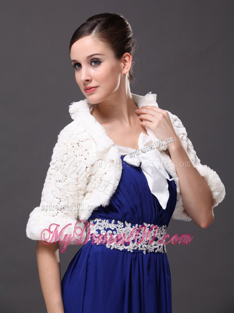 White Faux Fur Bowknot Fold-over Collar Prom Jacket