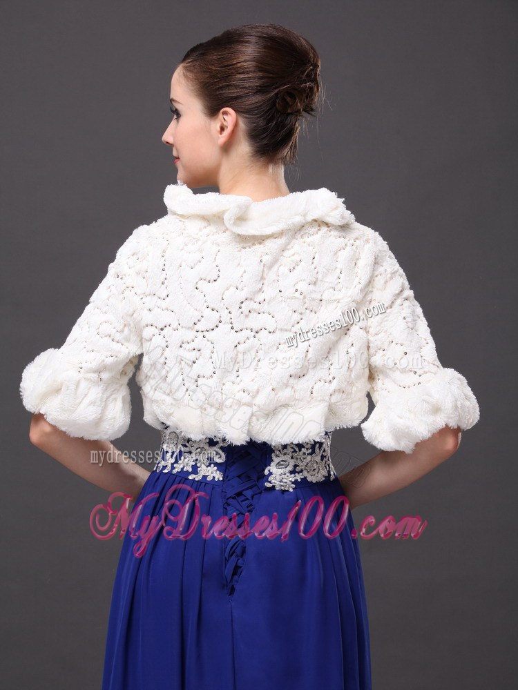 White Faux Fur Bowknot Fold-over Collar Prom Jacket