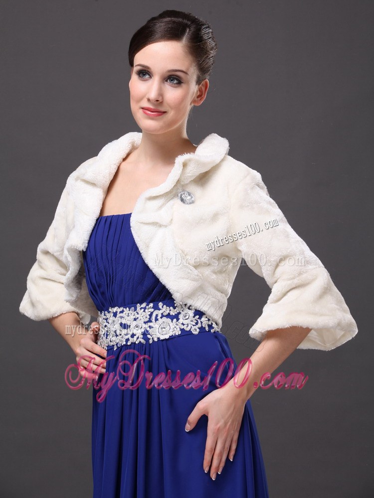 White Faux Fur Open Front Fold-over Collar Prom Jacket